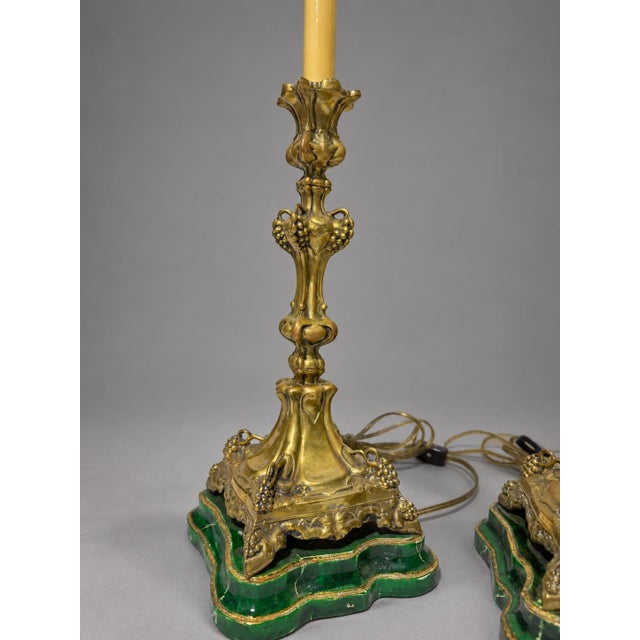 Green Pair of Antique Continental Gilt-Metal Grape-Vine & Faux Malachite Table Lamps For Sale - Image 8 of 10