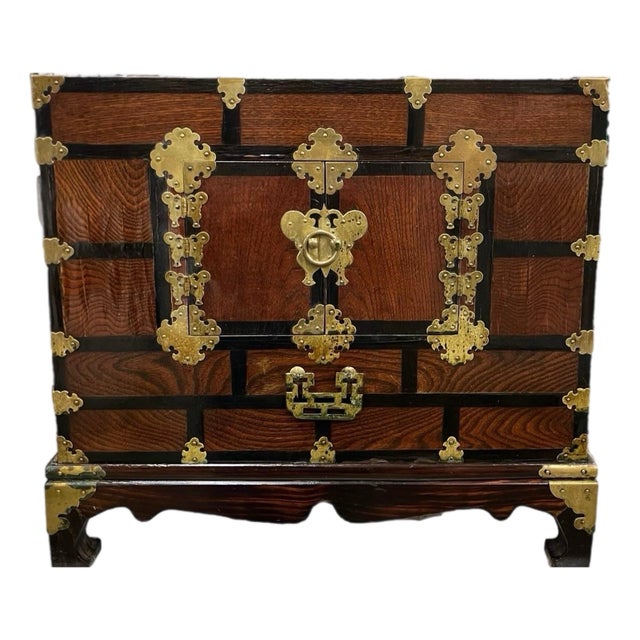 Antique Korean Butterfly Wedding Chest | 19th Century Elm Wood Tansu With Brass Butterfly Inlays, Dowry Cabinet For Sale