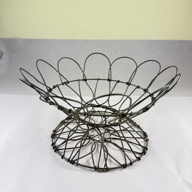 Metal Antique French Handmade Folding Top Wire Kitchen Egg Basket For Sale - Image 7 of 13