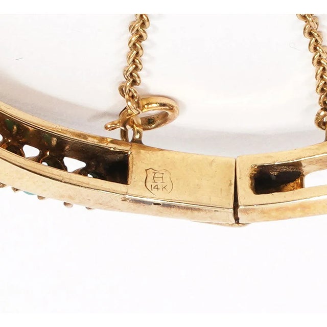 1950s 1950s 14k Turquoise Bangle Bracelet Yellow Gold Bead Vintage Opens Hinged For Sale - Image 5 of 11