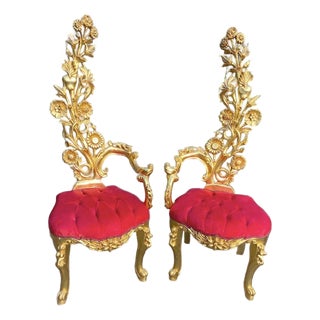 Mid 20c Italian Baroque Gold Beech Red Velvet Side Chairs Pair For Sale