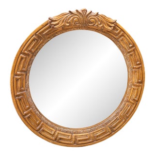 Large 1970s Wooden Greek Key Round Mirror For Sale
