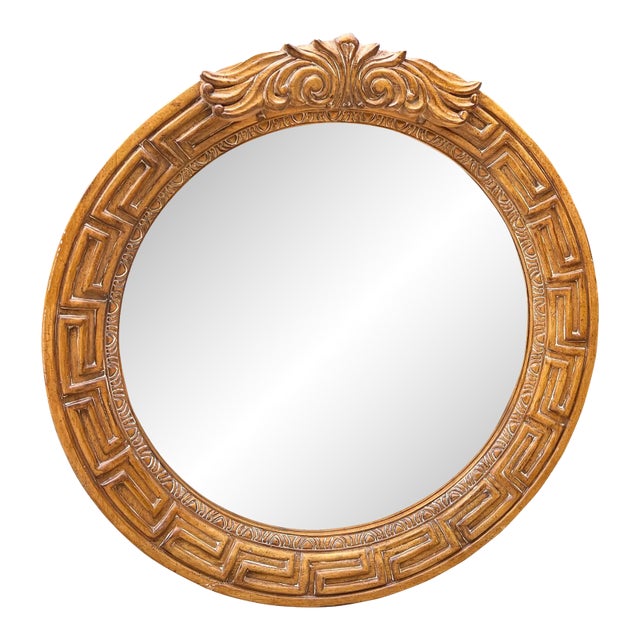 Large 1970s Wooden Greek Key Round Mirror For Sale