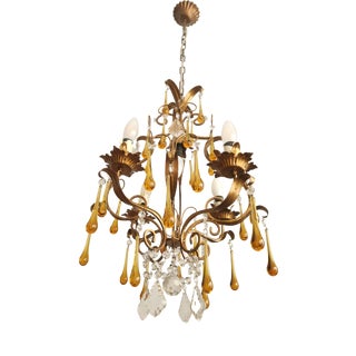 Floral Five-Light Gilded Ceiling Lamp with Crystals and Murano Glass Crystal Drops, 1960s For Sale