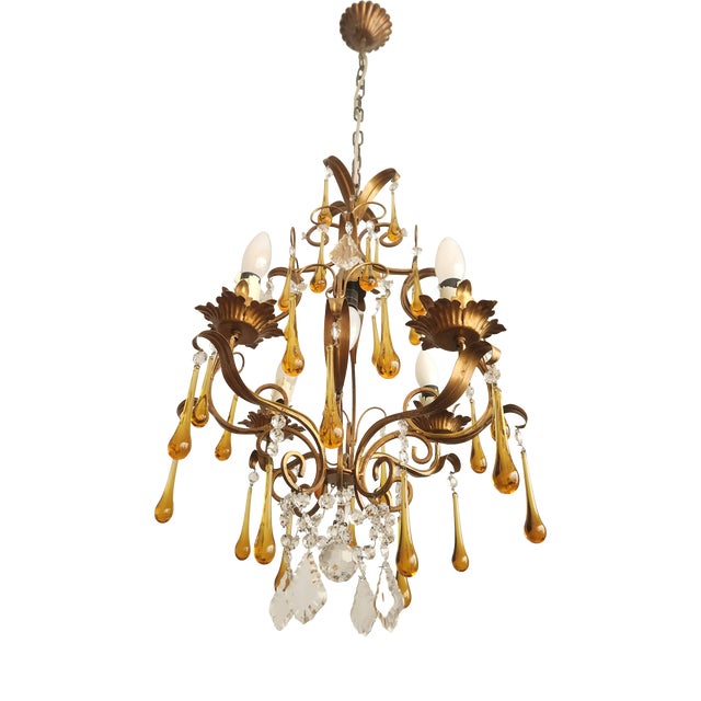 Floral Five-Light Gilded Ceiling Lamp with Crystals and Murano Glass Crystal Drops, 1960s For Sale