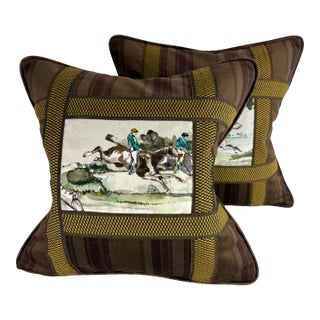 Equestrian Banded Velvet Pillows After Ralph Lauren/a Pair. For Sale