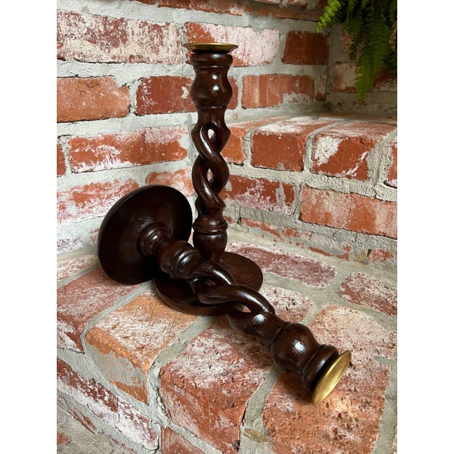 1900 - 1909 Pair Set Antique English Oak Open Barley Twist Candlesticks Candle Holder Brass For Sale - Image 5 of 12