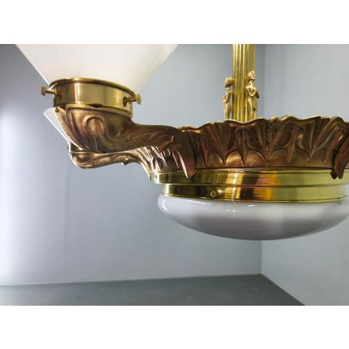 Art Deco Brass Chandelier with Glass Shades, Czechoslovakia, 1930s For Sale - Image 14 of 17