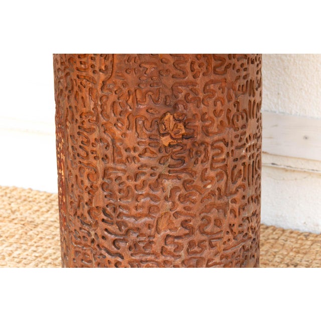 Brown Finely Carved Reclaimed Teak Round Pedestal Dining Table For Sale - Image 8 of 12