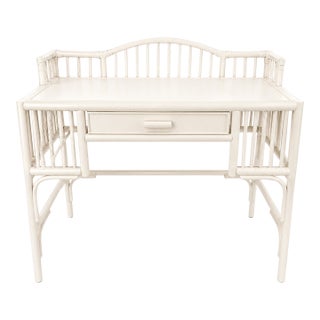 Vintage Chinoiserie Rattan Writing Desk in Benjamin Moore Cloud White For Sale