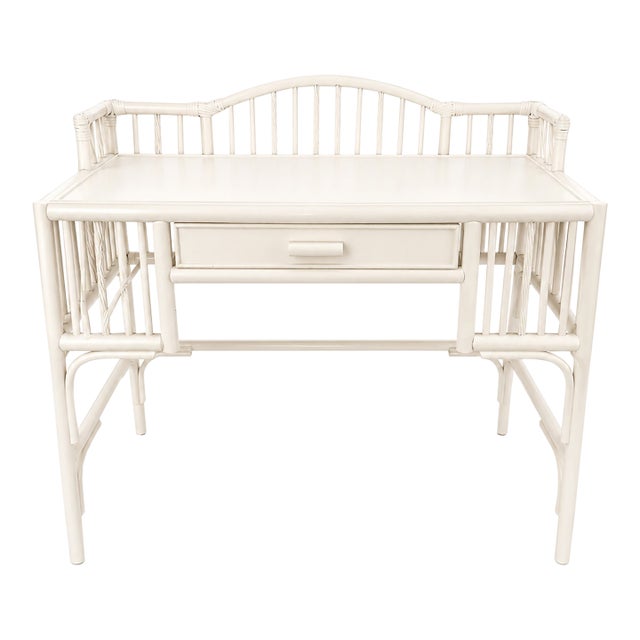Vintage Chinoiserie Rattan Writing Desk in Benjamin Moore Cloud White For Sale