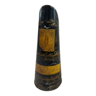 Antique English Tole Coal Helmet Scuttle, Beldray, Gilt Cherub Medallion, 24in For Sale
