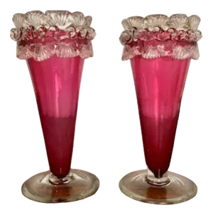Antique Victorian Cranberry Vases, 1860, Set of 2