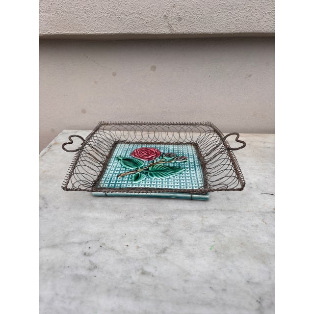 Square Majolica Wire Rose Basket Salins Circa 1890 For Sale - Image 4 of 6