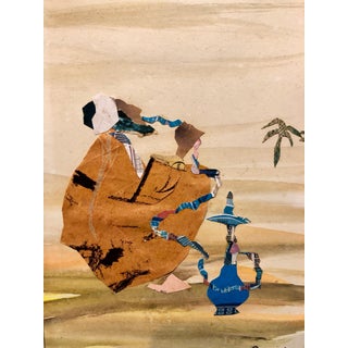 Judith Yellin Ginat, Israeli Abstract Figure, Hookah Pipe Smoker, Torn Paper Collage Painting Bezalel, 1969 For Sale