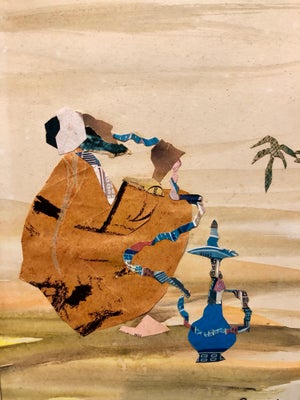 Judith Yellin Ginat, Israeli Abstract Figure, Hookah Pipe Smoker, Torn Paper Collage Painting Bezalel, 1969