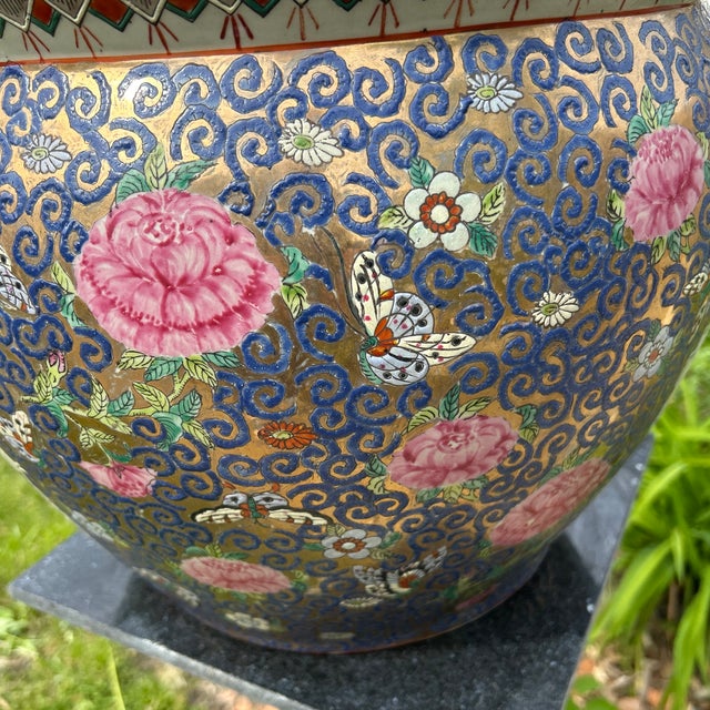 Vintage Large Porcelain Hand Painted Medallion Chinese Famille Rose Fishbowl /Jardiniere For Sale - Image 9 of 12