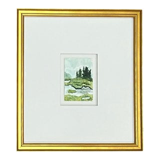 Framed Watercolor Painting of Land and Stream by Elizabeth Berry For Sale