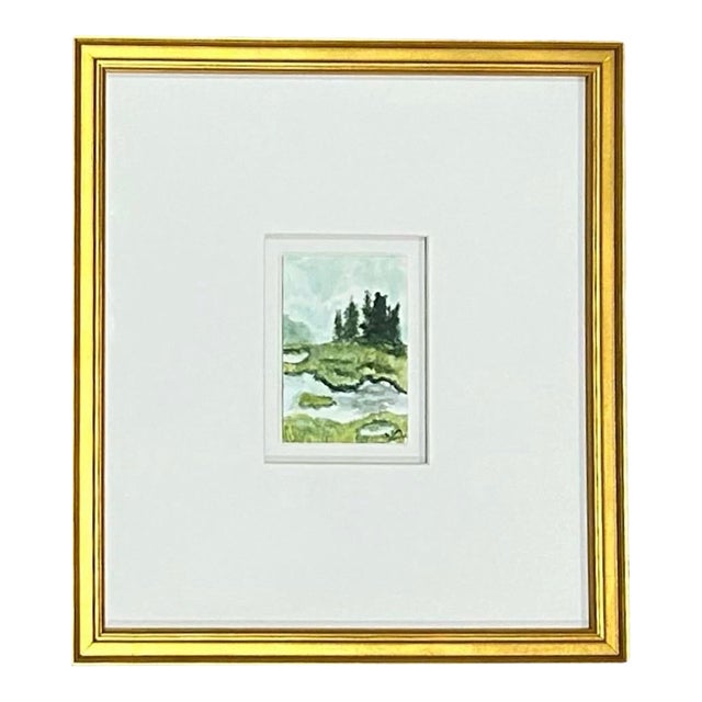 Framed Watercolor Painting of Land and Stream by Elizabeth Berry For Sale