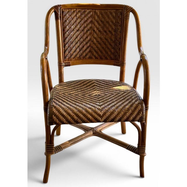 Mid-Century Modern Vintage French Style Bistro Bamboo and Rattan Dining Set Round Glass Top Table and Four Armchairs 5 Pieces For Sale - Image 3 of 16