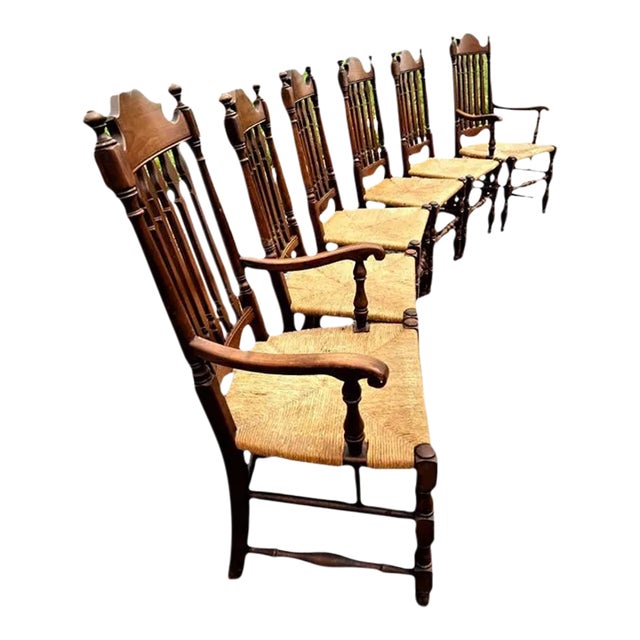 Vintage Solid Walnut and Rush Seat Dining Chairs - Set of 6 With 2 Armchairs For Sale