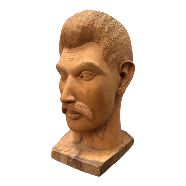 1960s Folk Art Americana Barbershop Carved Wood Bust of a Man For Sale