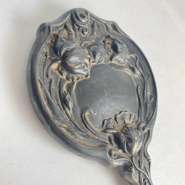 Art Nouveau Vanity Hand Mirror Floral Silver Plated Distressed Antique Finish For Sale - Image 4 of 12