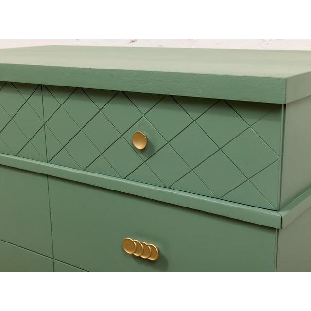 Mid 20th Century Olive Green Mid-Century Highboy Dresser With Diamond Detail and Sculptural Pulls by Kent Coffey For Sale - Image 5 of 12