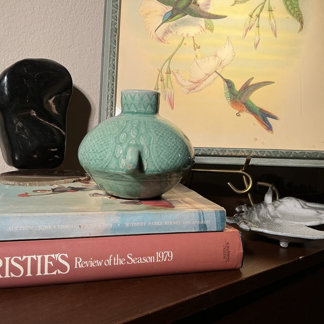 Mid 20th Century Mid 20th Century Modern Celadon Crackle Glaze Double Handle Vase – Sculptural Studio Pottery For Sale - Image 5 of 8