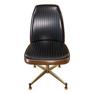 Vintage B. Brody Seating Co. Mid-Century Modern Swivel Chair – Black Ribbed Vinyl & Woodgrain Pattern For Sale