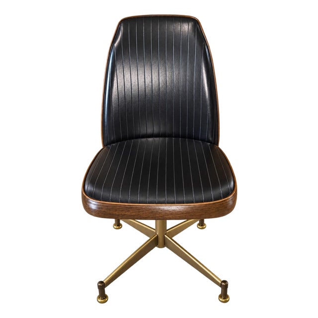 Vintage B. Brody Seating Co. Mid-Century Modern Swivel Chair – Black Ribbed Vinyl & Woodgrain Pattern For Sale
