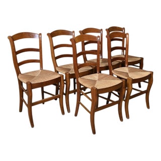 Vintage Cherrywood Straw Chairs, 1950s, Set of 6 For Sale