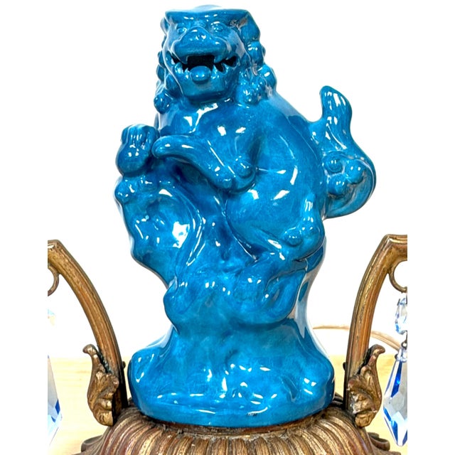 Traditional Early 20th Century French Belle Époque Chinoiserie Foo Dog Candelabra Lamp, Turquoise Flambé For Sale - Image 3 of 11