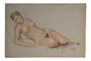 1950s Naturalistic Study of a Reclining Nude Woman Graphite and Color Pencil on Paper