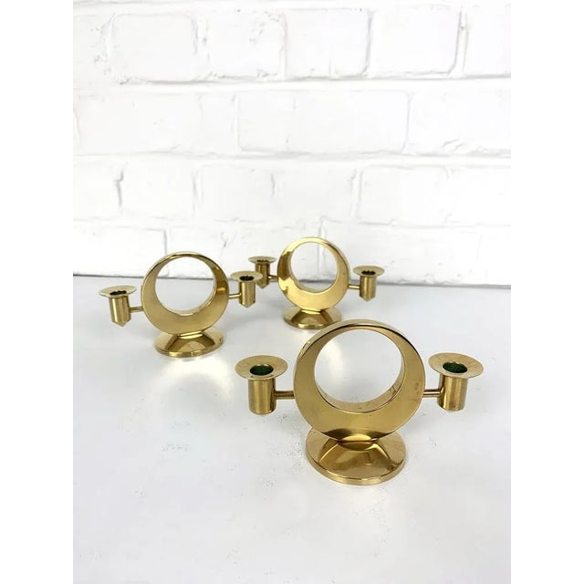 Gold Mid-Century Scandinavian Candelabras in Brass by Arthur Pe, Kolbäck, Sweden, Set of 3 For Sale - Image 8 of 13
