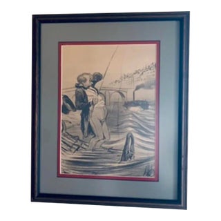1800s Honore Daumier "Maleur Aupecheur a La Ligne" - a Fisherman in Trouble , Framed Antique Original Litograph Print For Sale