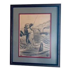 1800s Honore Daumier "Maleur Aupecheur a La Ligne" - a Fisherman in Trouble , Framed Antique Original Litograph Print