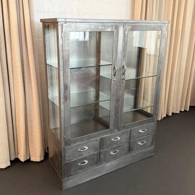 Art Deco 1940s Industrial Brushed Steel Double Wide Medical Apothecary Display Cabinet For Sale - Image 3 of 11
