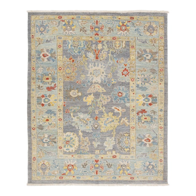 Modern Sultanabad Hand-Knotted Area Wool Rug – Slate Blue Floral Design 6 X 7 For Sale