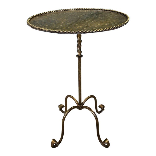 Ornate Gilt Iron Side Table With Hammered Top & Scrolled Legs For Sale