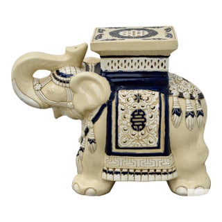 Ceramic Elephant Garden Stool Side Table Plant Stand Chinese Cream Blue For Sale