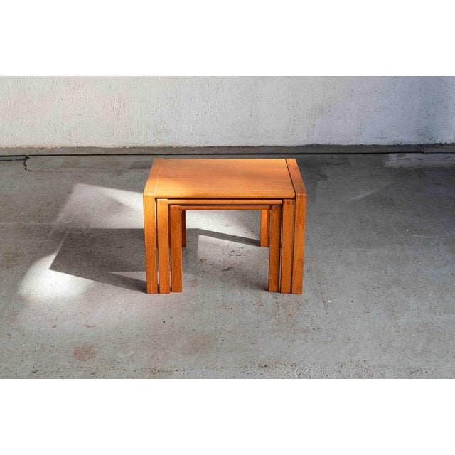 Set of 3 nesting tables designed and produced by Aksel Kjersgaard in Denmark during the 1960’s. These blonde teak side...