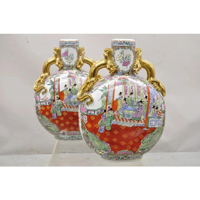 Vintage Chinese Famille Rose Porcelain Figural Orange Moon Flask Vase W/ Dragons For Sale - Image 10 of 10