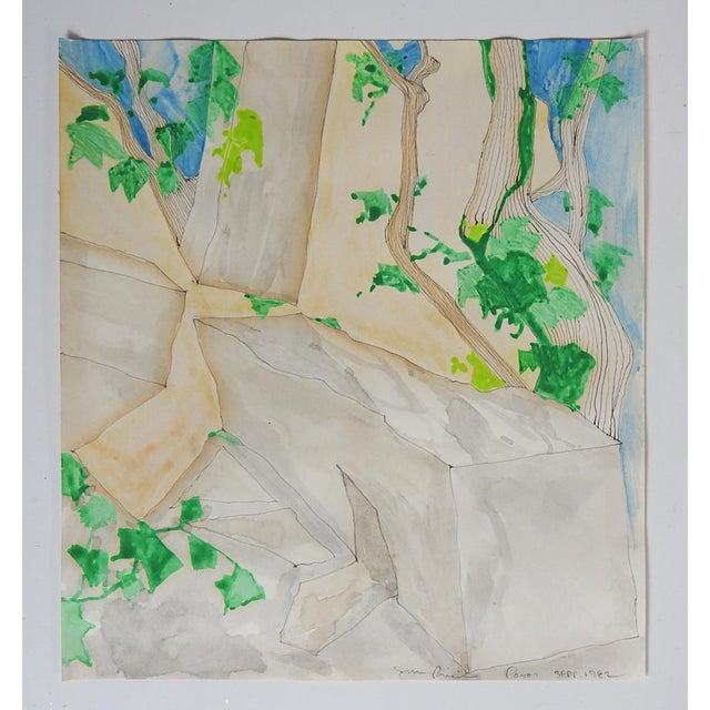Contemporary 1982 Modernist Abstract Garden Watercolor Painting For Sale - Image 3 of 4