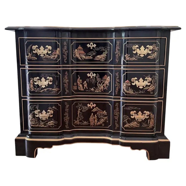 Chinoiserie Gilt Chinoiserie Black Lacquer Serpentine Chest Dresser by Drexel Et Cetera For Sale - Image 3 of 11