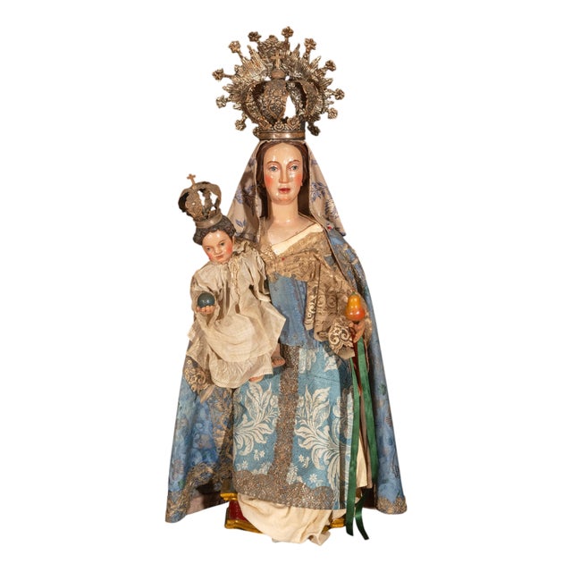 17th Century Baroque Spanish Virgin and Child Figure with Silver Crown For Sale