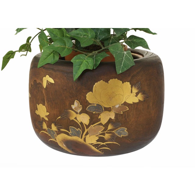 Contemporary Antique Japanese Inlaid Wood Hibachi Brazier with Copper Liner Cachepot Meiji For Sale - Image 3 of 9