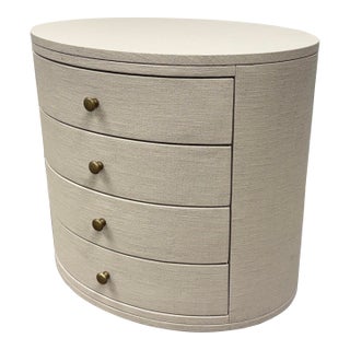 Kathy Kuo Beatrice Modern Classic Cream Painted Linen Oval Nightstand For Sale