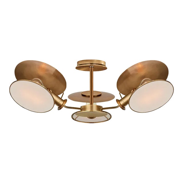 Thomas O'Brien for Visual Comfort Signature Osiris Medium Reflector Semi-Flush Mount in Hand-Rubbed Antique Brass with Linen Diffusers For Sale