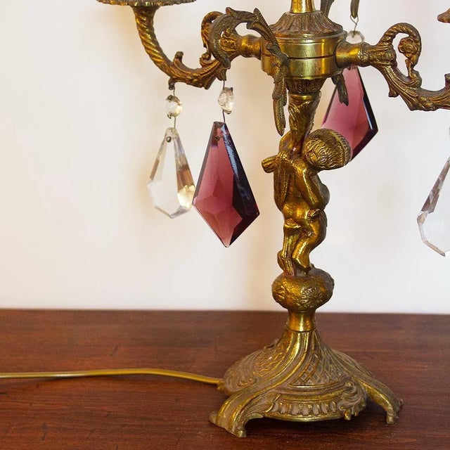 Rococo Vintage Bronze Candelabra Table Lamp with Purple Crystals, 1930s For Sale - Image 3 of 4
